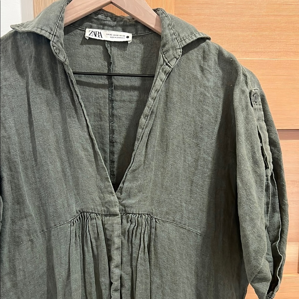 Zara Khaki Green Linen Button-Up Dress - Picture 2 of 2